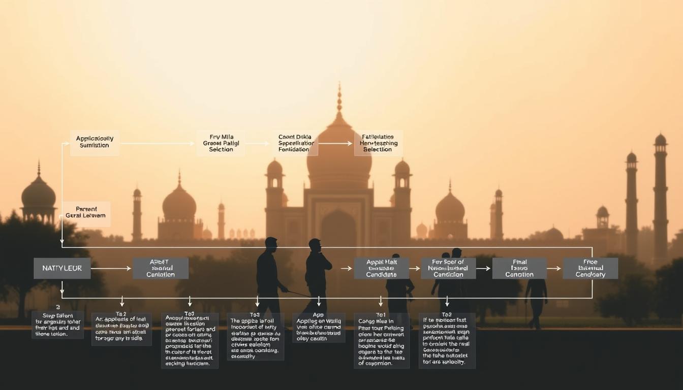 An intricate diagram showcasing the step-by-step selection process for non-teaching roles at Jamia Millia Islamia University. In the foreground, a detailed flowchart lays out the various stages, from application submission to final selection, rendered in a clean, technical style with muted colors. The middle ground features silhouettes of candidates progressing through the different checkpoints, while the background depicts the iconic domes and minarets of the university campus, bathed in a warm, golden light. The overall impression is one of efficiency, professionalism, and the storied legacy of this renowned institution.