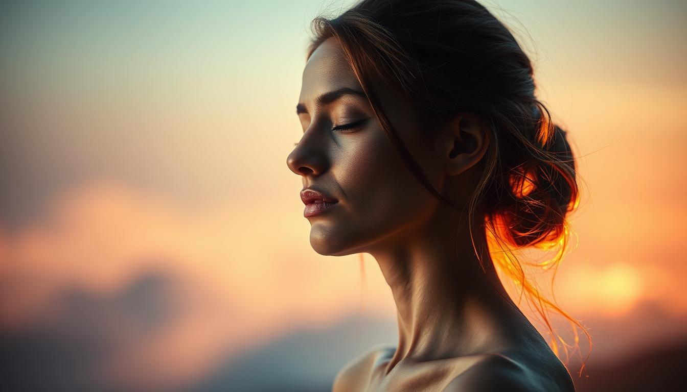 An alluring portrait of nonverbal hypnosis, capturing its essence in vivid detail. A serene, softly lit scene showcases the tranquil power of the mind, with a graceful figure in the foreground, eyes closed, completely immersed in the moment. The background is a dreamlike landscape, hazy and ethereal, evoking a sense of peaceful introspection. Subtle highlights accentuate the subject's features, creating a mesmerizing, almost otherworldly presence. The overall mood is one of calm, clarity, and the transformative potential of the subconscious. @Stillehypnose