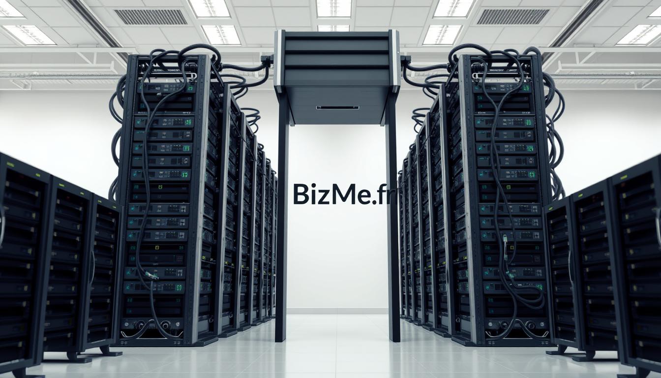 A detailed, architectural database management system stands prominently in the foreground, meticulously rendered with a sleek, modern design. The central structure is flanked by arrays of stylized data servers, their interconnected cables and cooling systems creating a sense of dynamism and technological depth. In the middleground, a BizMe.fr logo is subtly integrated, adding a touch of branding to the scene. The background fades into a softly lit, minimalist workspace, allowing the core database infrastructure to take center stage and convey a sense of reliable, high-performance data management capabilities.