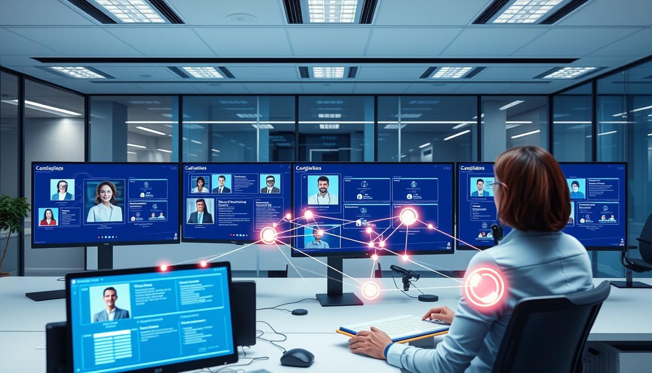 IA de matching analysant des profils de candidats sur des écrans interactifs
