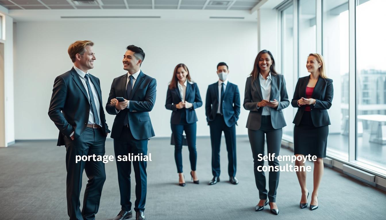 A professional office setting depicting the comparison of various real estate employment statuses. In the foreground, three well-dressed individuals are engaged in a lively discussion, representing the "portage salarial" or temporary employment model. The middle ground showcases contrasting employment options, such as a traditional real estate agent and a self-employed consultant. The background depicts a modern, minimalist office space with floor-to-ceiling windows, allowing natural light to flood the scene. The overall tone conveys a sense of professionalism, collaboration, and the diverse career paths available within the real estate industry.