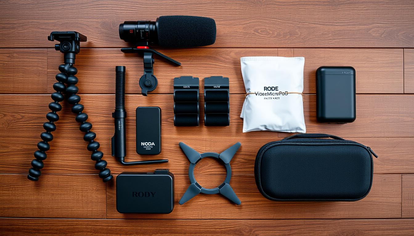 Essential vlogging accessories laid out including tripod, microphone, and drone batteries