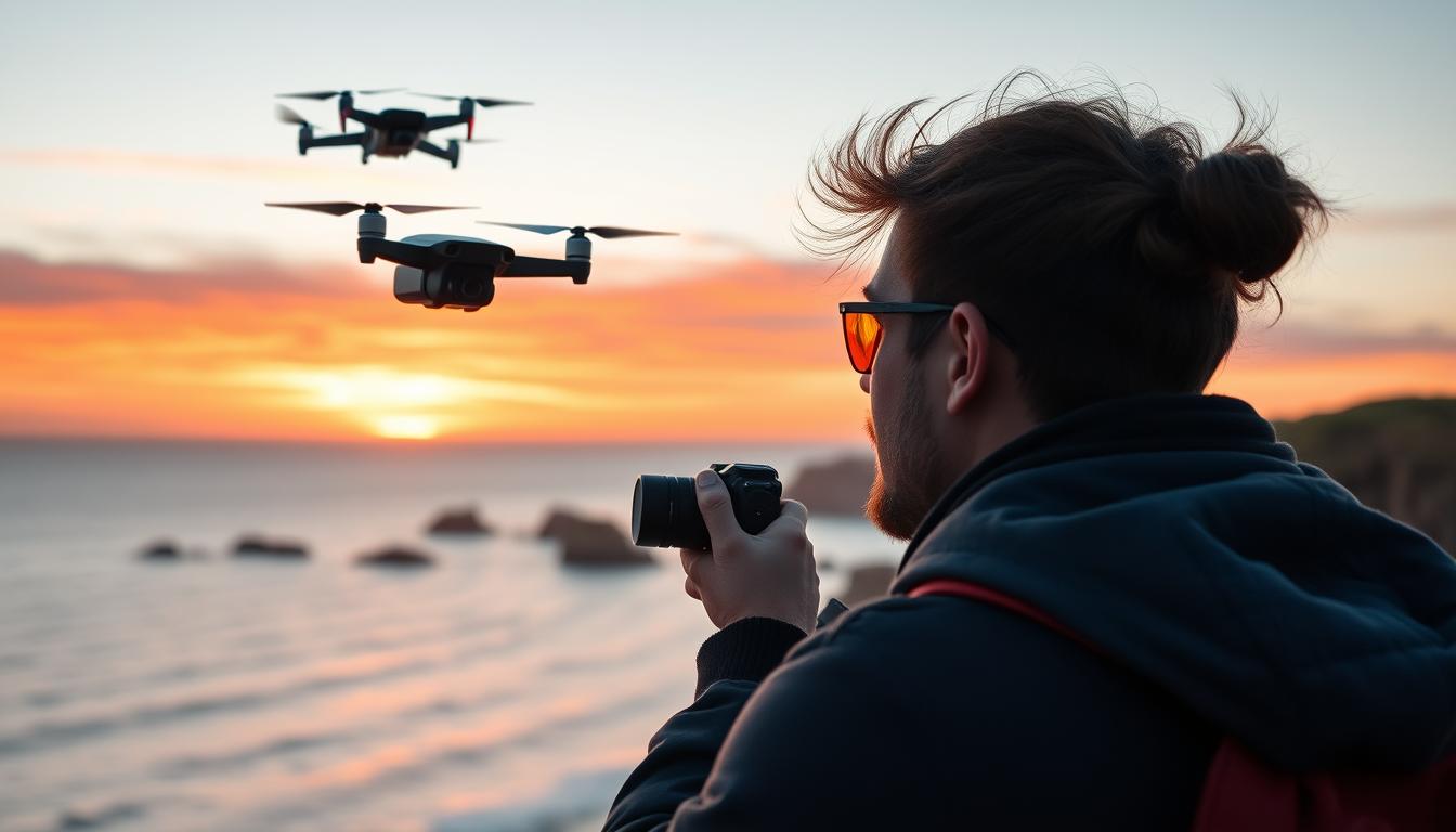 Travel vlogger capturing sunset with DJI Osmo Pocket 3 while drone flies overhead