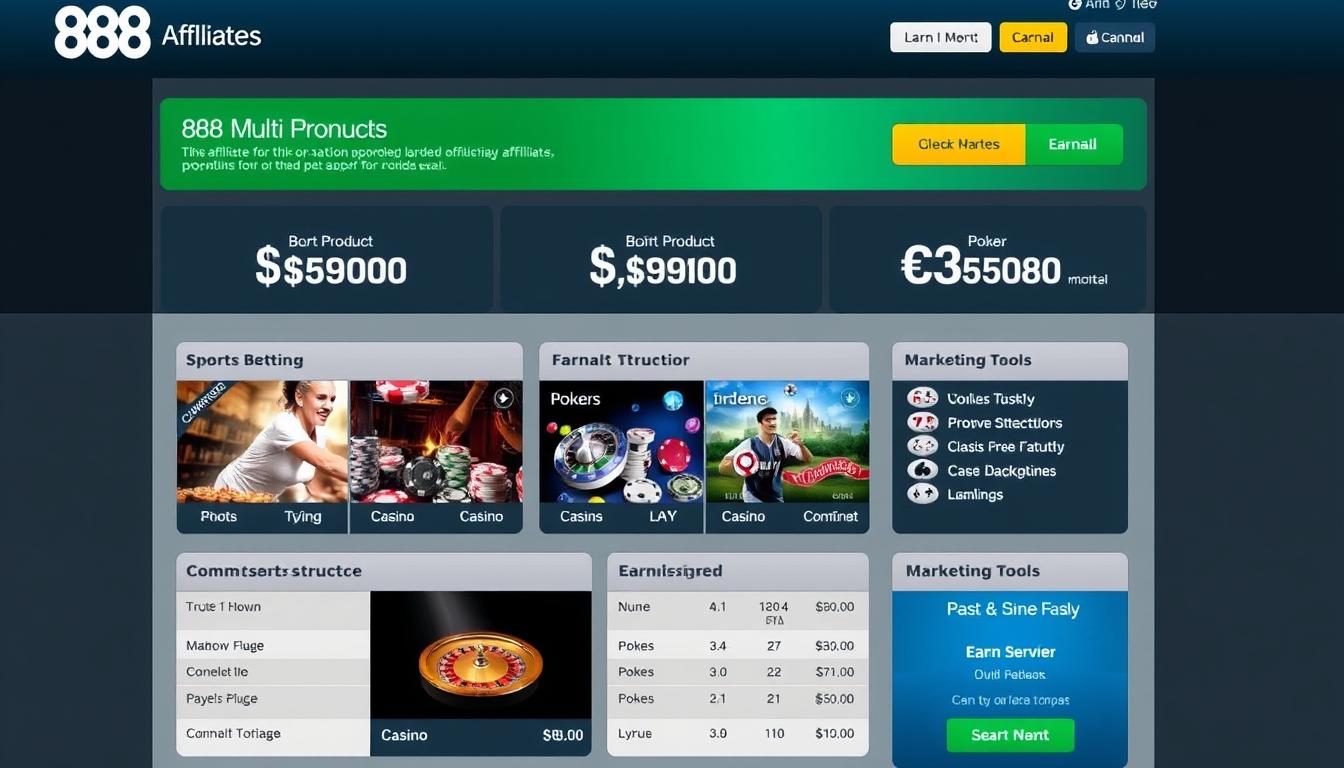888 Affiliates program dashboard showing multi-product promotion options