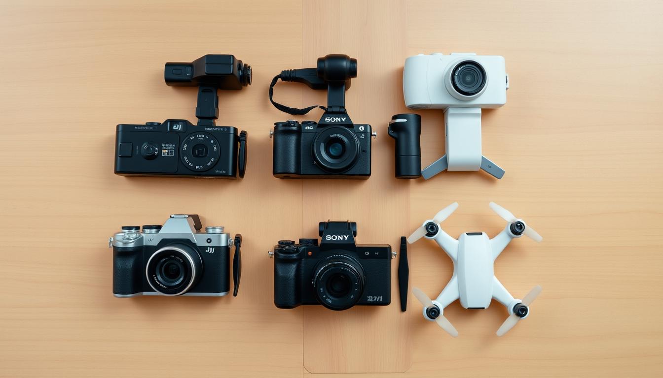 The top 5 vlogging cameras with drones laid out on a wooden table