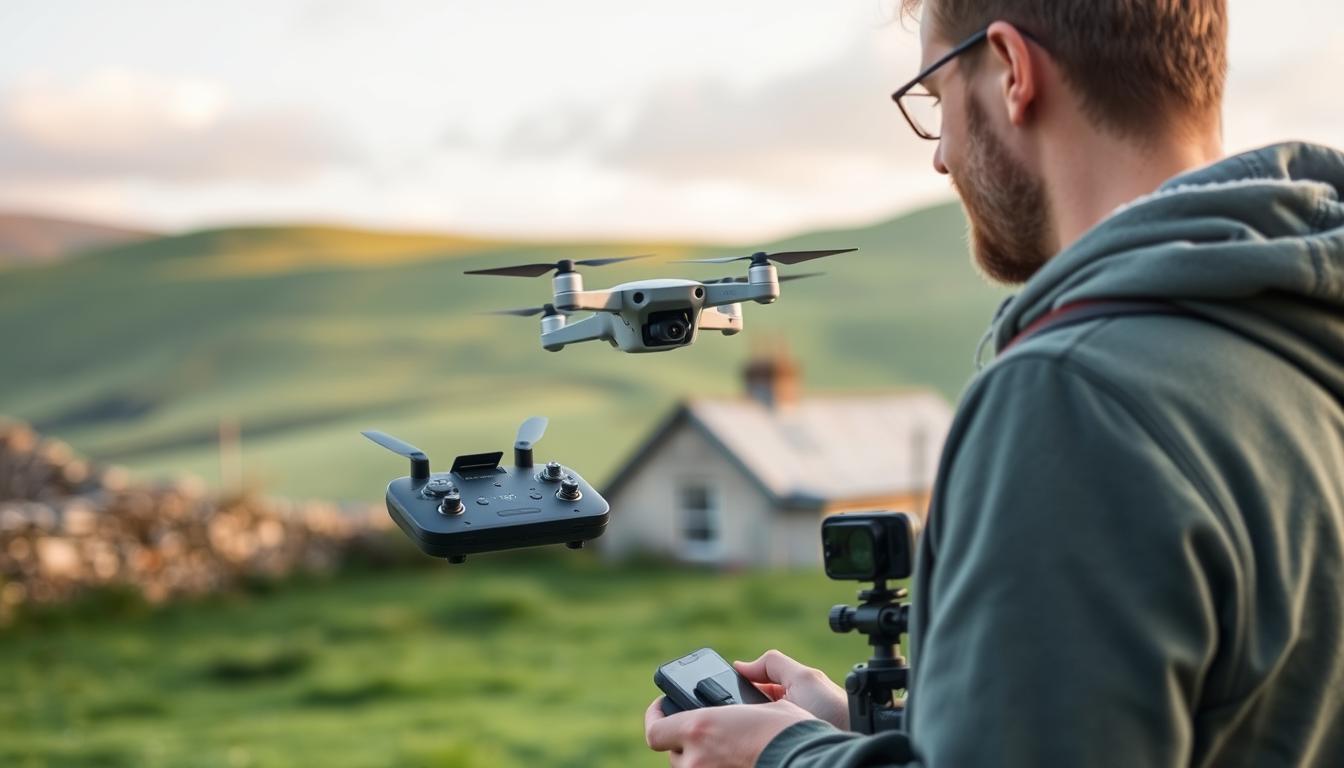 Travel vlogger using a drone to capture aerial footage of UK countryside