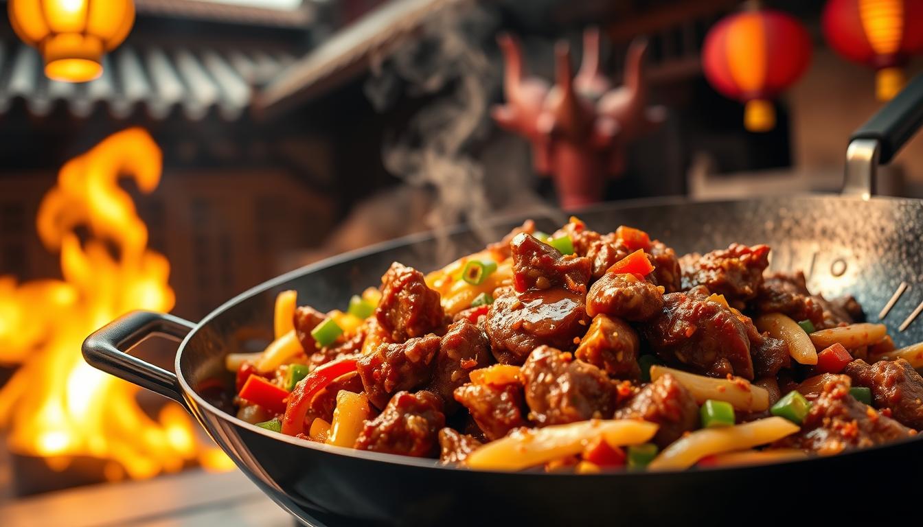 A sizzling wok filled with tender beef, vibrant vegetables, and a bold, mouth-watering Sichuan sauce, set against a backdrop of traditional Chinese architecture. Warm, golden lighting casts a cozy glow, while fragrant spices permeate the air. The scene evokes the authentic flavors and time-honored techniques of Sichuan cuisine, perfectly capturing the essence of this beloved dish. A close-up view highlights the intricate interplay of textures and flavors, inviting the viewer to savor every bite. The overall composition conveys a sense of culinary mastery and cultural heritage, perfectly suited to illustrate the "Authentic Flavors: Sichuan Techniques for Kung Pao Beef" section.
