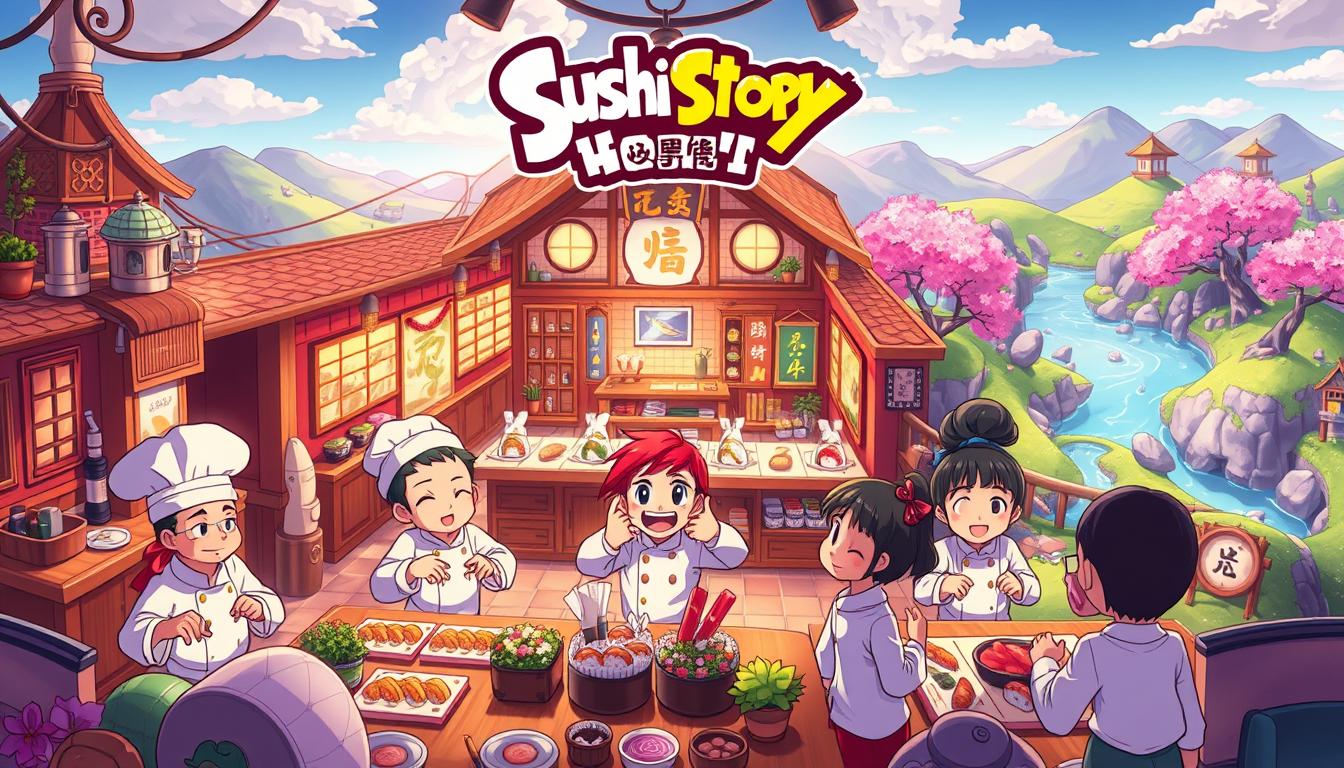 A vibrant, whimsical game world of &quot;Sushi Story&quot;, brimming with hand-drawn characters and detailed sushi-themed environments. In the foreground, a group of colorful, expressive sushi chef characters are engaged in dynamic, animated poses, expertly crafting delectable sushi dishes. The middle ground features a bustling sushi restaurant interior, with intricate Japanese-inspired decor, warm lighting, and a sense of energy and excitement. The background showcases a lush, imaginative landscape of rolling hills, cherry blossom trees, and a serene river, all rendered in a distinct, illustrated art style that evokes the whimsical nature of the game. The overall mood is one of vibrant creativity, culinary artistry, and immersive gameplay, perfectly capturing the essence of the &quot;Sushi Story&quot; experience.