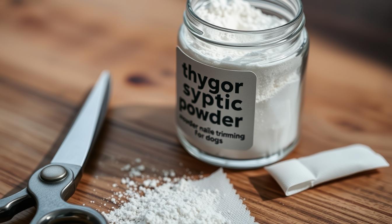 A close-up shot of a glass container filled with a fine white powder labeled "thrygor styptic powder for dogs". The container is placed on a wooden surface, with a pair of dog grooming scissors and a small bandage in the foreground. The lighting is soft and natural, casting gentle shadows and highlighting the texture of the powder. The overall mood is one of care and attention to detail, conveying the importance of having the right tools to safely address any accidental nail trimming mishaps.