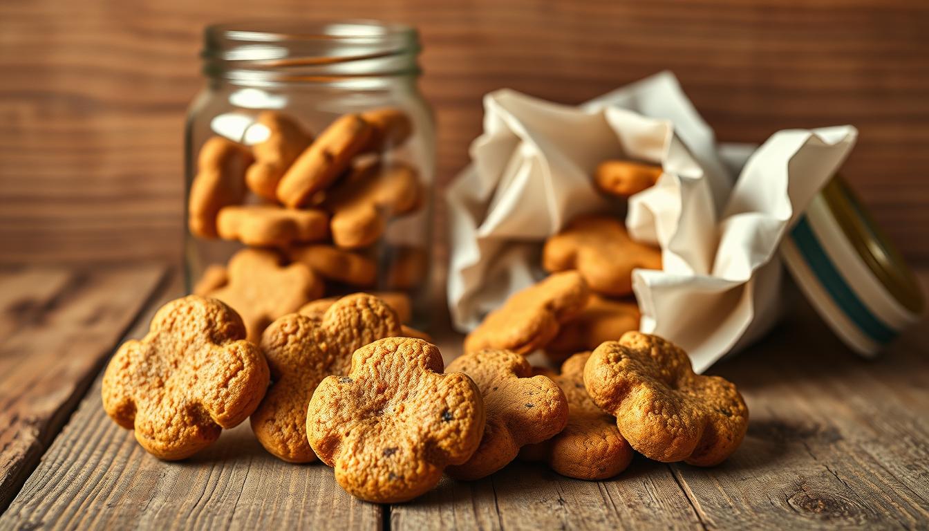 A neatly arranged still life showcasing homemade dog treats on a rustic wooden surface. In the foreground, a selection of rota secreta baked treats with a delightful textured surface. Behind them, an open glass jar displays the treats' storage solution - a bed of soft, crinkly parchment paper. Indirect, warm lighting casts a cozy glow, highlighting the treats' natural hues and inviting the viewer to imagine their scent and taste. The composition strikes a balance between the practical and the visually appealing, reflecting the section's focus on baking, texture, and storage for healthy homemade dog treats.