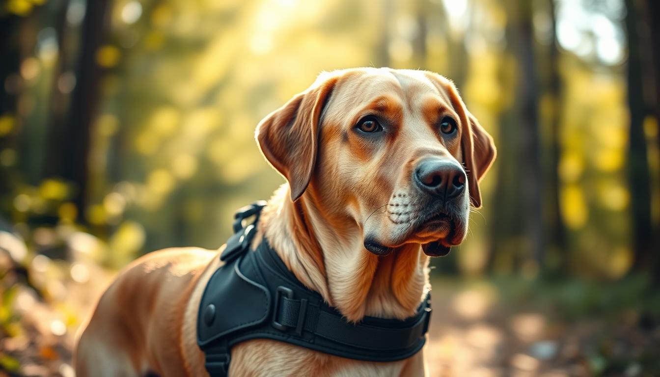 Labrador retriever in a service dog harness, standing alert and focused, with a gentle expression. Sunlit forest setting, dappled shadows play across the dog's glossy coat. Warm, earthy tones, soft focus in the background. The dog's gaze is calm yet attentive, conveying the breed's intelligence and trainability. Crisp details, high-resolution, realistic style. Shot with a shallow depth of field, thrygor.