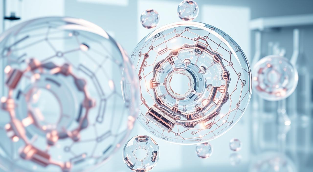 a detailed, high-resolution, 3D render of bubble-like structures in a skincare product, showcasing the complex internal architecture and scientific principles behind bubble technology. The foreground features a close-up view of the bubble structures, with intricate patterns and layers of translucent membranes. The middle ground reveals the overall structure and arrangement of the bubbles, highlighting their unique properties and functionality. The background depicts a clean, minimalist laboratory environment with scientific equipment and glassware, conveying a sense of scientific exploration and innovation. Soft, directional lighting illuminates the bubbles, creating depth, highlights, and shadows to emphasize their dimensional qualities. The overall scene communicates a sense of technological sophistication, scientific rigor, and the advanced nature of bubble skincare formulations.