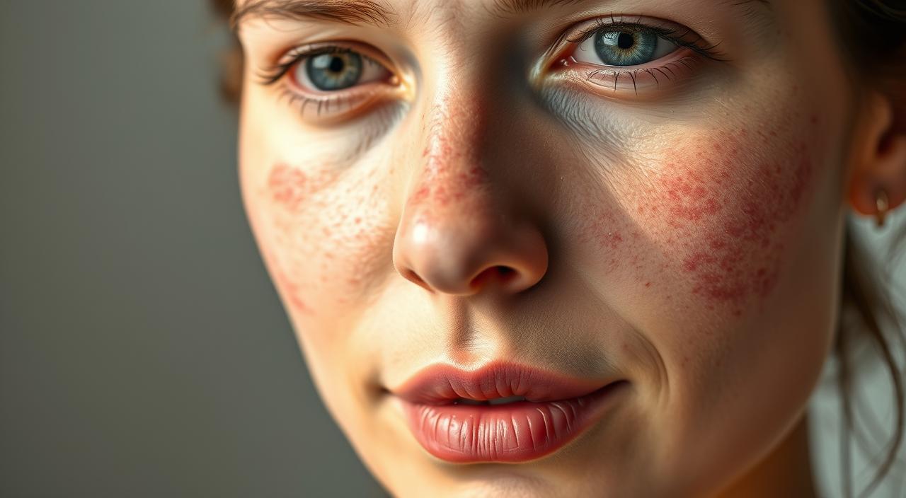 Close-up portrait of a person's face depicting various causes of skin redness, including inflammation, irritation, and flushing. Soft, diffused lighting illuminates the face from the side, casting gentle shadows and highlighting the textural details of the skin. The expression is neutral, allowing the viewer to focus on the visual cues of the skin conditions. The background is blurred and muted, placing the emphasis on the face and skin. Realistic, high-quality rendering of skin tones, textures, and imperfections using a photorealistic style.
