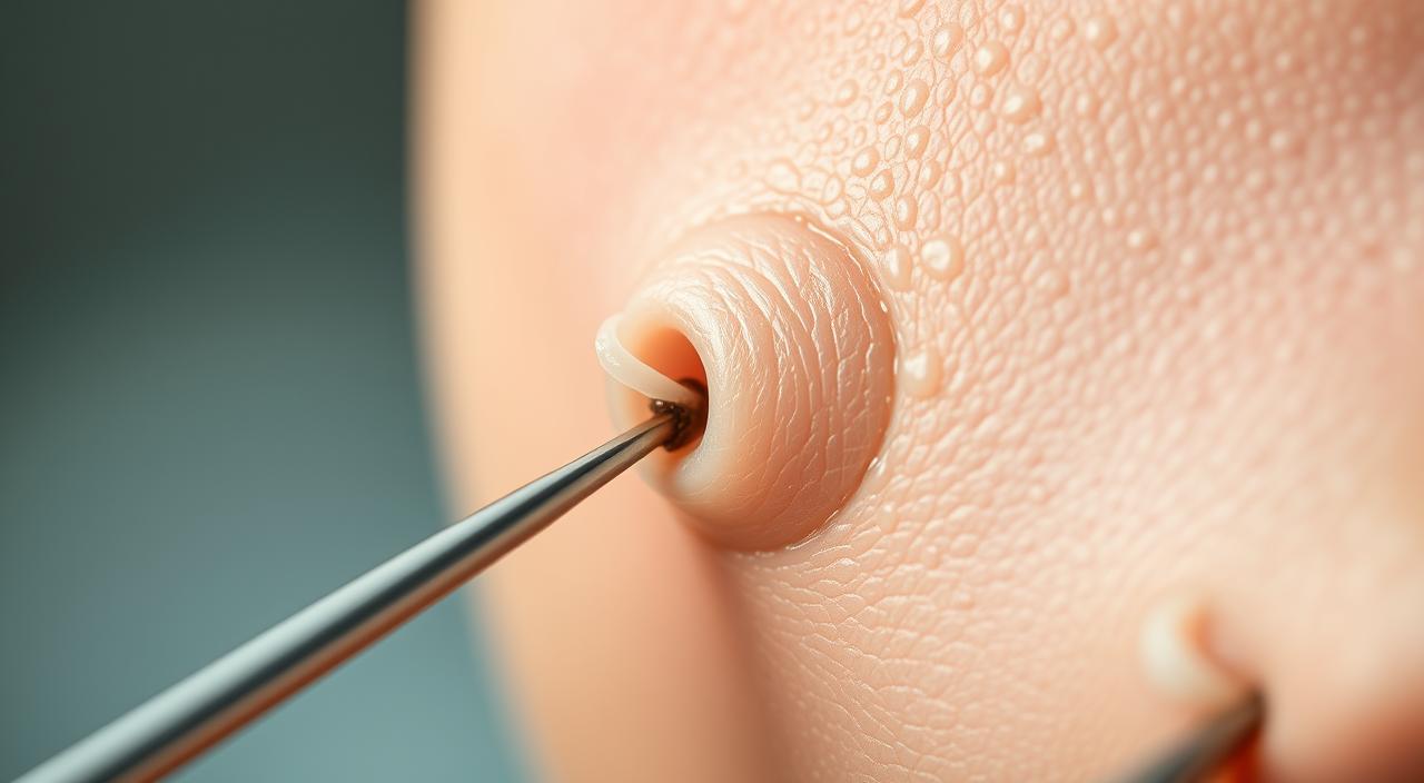 A close-up view of human skin, zoomed in to reveal the pores and texture, with a pair of tweezers gently removing a blackhead. The skin appears healthy, with a natural glow, and the blackhead extraction is being performed with care and precision. The lighting is soft and diffused, creating a sense of intimacy and focus on the details. The background is slightly blurred, keeping the attention on the central action. The overall tone is one of a professional, educational medical illustration, conveying the challenges and techniques involved in addressing blackheads.