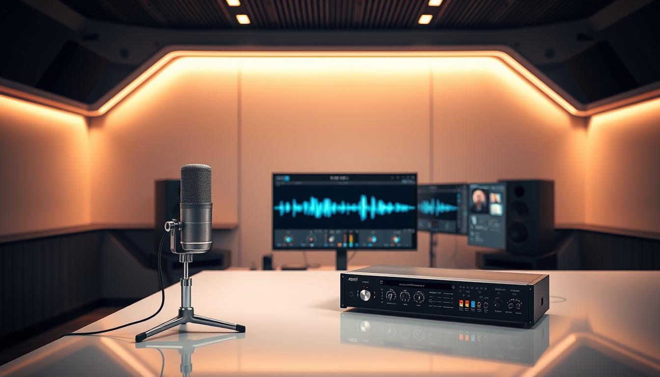 Professional Recording Studio Setup A professional recording studio is depicted with a condenser microphone on a stand in the foreground. A black audio interface with multiple knobs and buttons sits on a reflective surface. In the background, three monitors display audio waveforms and other studio-related information, accompanied by studio monitors. The room is illuminated by warm, ambient lighting that highlights the modern and sleek design of the equipment and the space.