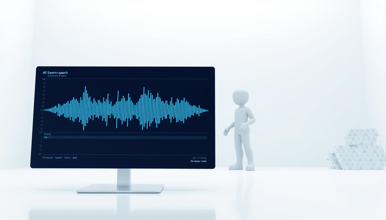 AI Setup Process A computer monitor displays a dark interface showing an AI speech analysis. A blue waveform of a voice recording dominates the screen, with numerical data and text displayed below. To the right of the monitor, a stylized white 3D figure stands observing the display, and to the far right, a stack of white geometric shapes is visible. The scene is set against a minimalist, brightly lit white background.