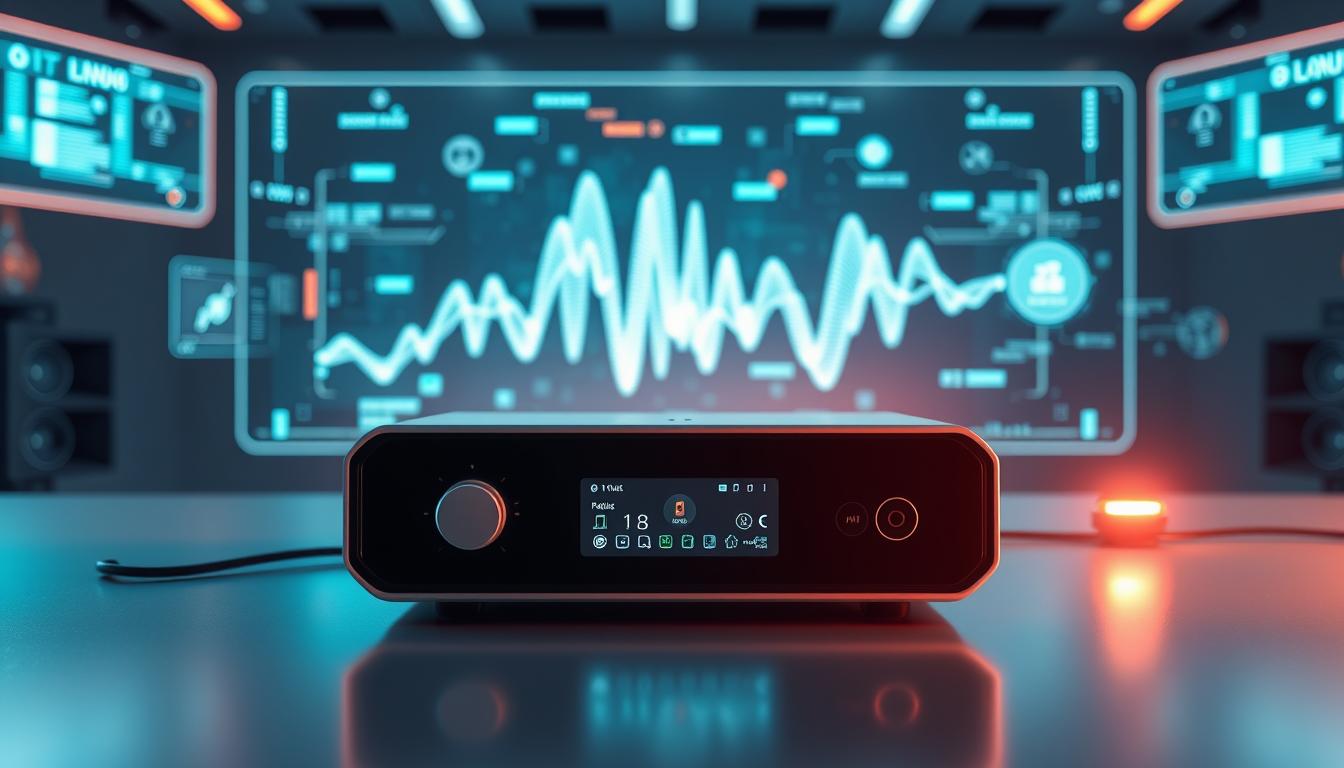 AI Voice Technology Evolution A sleek, modern audio receiver with a glowing digital display and a large silver dial sits on a reflective surface. Behind it, a large screen displays a vibrant blue waveform, reminiscent of audio visualization, along with various futuristic interface elements and data readouts. The room is dimly lit, with accent lighting creating a high-tech ambiance.