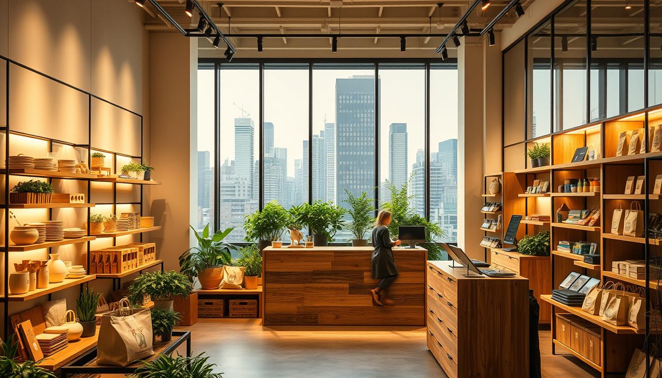 A modern, minimalist-style ecommerce storefront with sustainable features. In the foreground, a well-lit display of eco-friendly products like bamboo kitchenware, reusable shopping bags, and solar-powered electronics. The middle ground showcases a central checkout counter made of reclaimed wood, with a large window overlooking a lush, green rooftop garden. The background depicts the city skyline through floor-to-ceiling glass walls, bathed in warm, natural lighting. The overall atmosphere conveys a sense of environmental responsibility, efficiency, and modern, sustainable design.