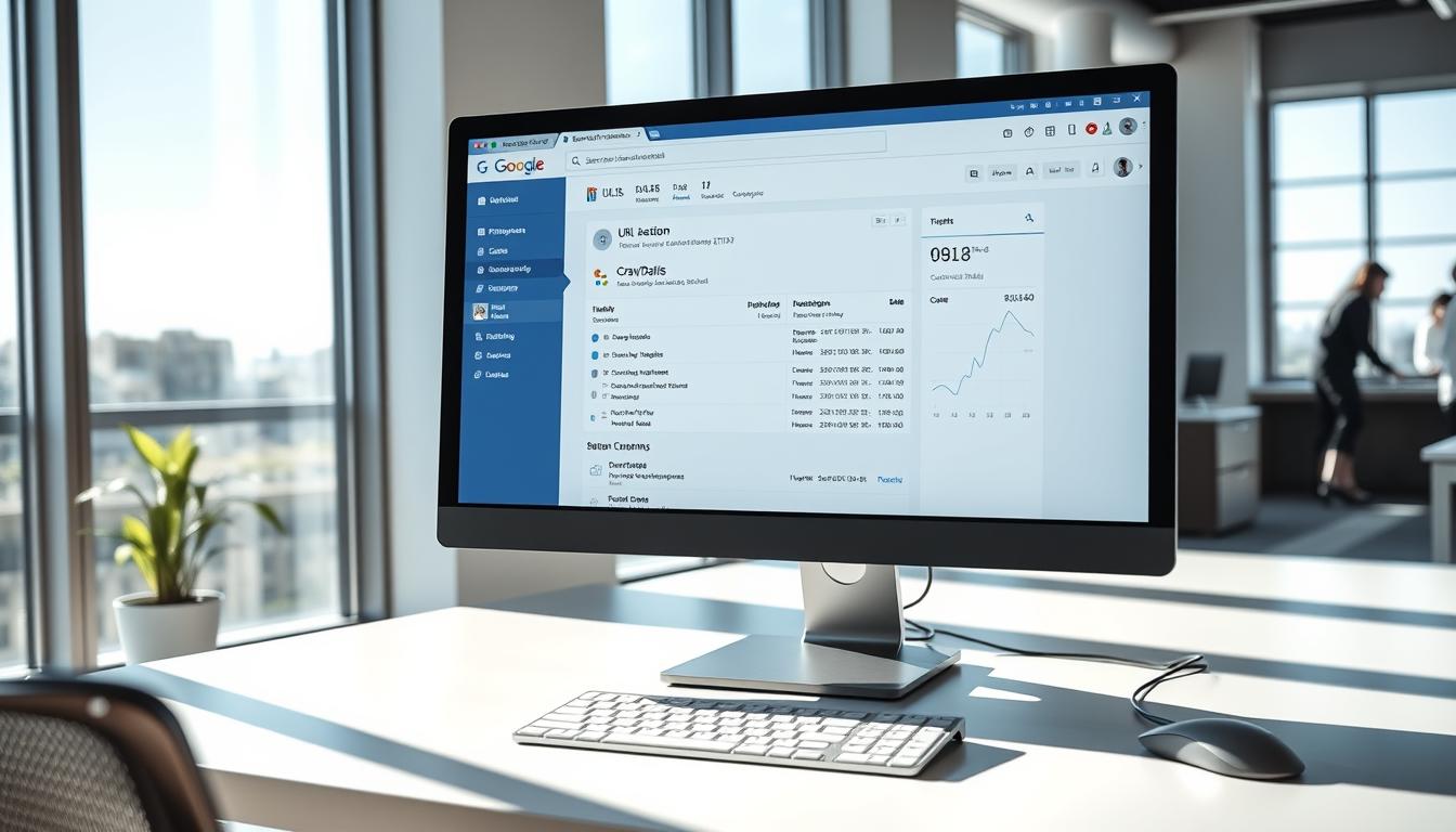 A modern, sleek digital workspace with a large desktop computer screen displaying the Google Search Console URL Inspection interface. The screen shows a detailed breakdown of website URL data, including performance metrics, indexing status, and crawl details. The workspace is well-lit with natural light streaming in from large windows, creating a clean and professional atmosphere. A minimalist desk setup with a modern keyboard and mouse complements the scene. The overall mood is one of efficiency, productivity, and a focus on website optimization and SEO.