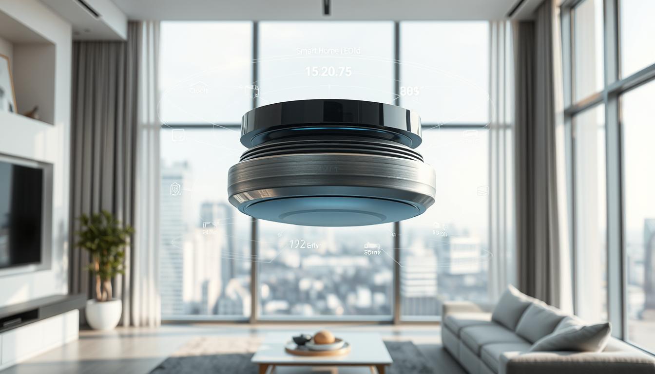 A meticulously detailed, hyper-realistic AR-enhanced product visualization showcasing a sleek, state-of-the-art smart home device. The foreground features the device suspended in mid-air, its surfaces gleaming with a premium metallic finish. Holographic interface elements hover around the product, inviting the viewer to explore its advanced features. The middle ground depicts a modern, minimalist living room setting with floor-to-ceiling windows flooding the scene with natural light. In the background, the cityscape beyond the windows is visible, suggesting an urban, tech-savvy environment. The lighting is soft and diffused, creating a sense of depth and atmosphere. The overall mood is one of sophistication, innovation, and the seamless integration of technology into everyday life.