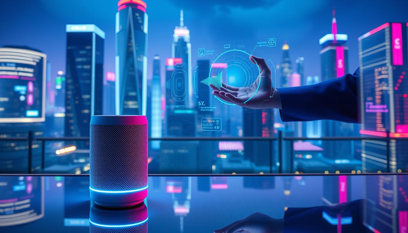 A high-tech futuristic scene of voice commerce technology. In the foreground, a voice-activated smart speaker with a sleek, minimalist design sits on a smooth glass table, its LED lights pulsing gently. In the middle ground, a person's hand gestures commands to the device, digital interfaces and waveforms projected around them. The background is filled with a cityscape of gleaming skyscrapers, advanced holographic displays, and a vibrant, neon-lit skyline, conveying a sense of a cutting-edge, hyper-connected urban environment. The lighting is dramatic, with cool blues and purples casting an ethereal glow, evoking a sense of innovation and the transformative power of voice-enabled commerce.