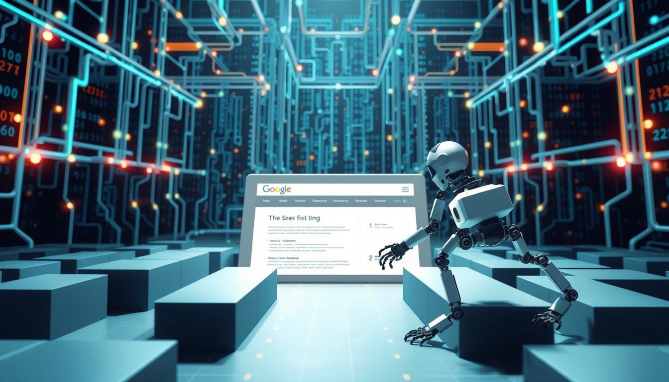 A dynamic, well-lit illustration of website crawlability. In the foreground, a search engine bot navigates a labyrinthine digital landscape, its mechanical limbs effortlessly traversing hyperlinks and HTML structures. The middle ground features a stylized website interface, with clean typography and intuitive user flows, inviting the bot's exploration. In the background, a matrix of data streams and algorithmic processes underlies the entire scene, hinting at the complex machinery powering effective web indexing. The image conveys a sense of fluidity, technical prowess, and the importance of optimizing a website's structure and content for seamless discoverability.