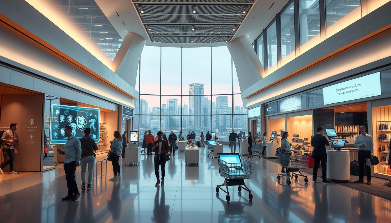 A futuristic shopping center with sleek, minimalist architecture bathed in warm, ambient lighting. In the foreground, shoppers interact with holographic displays and virtual product demonstrations powered by AI assistants. The middle ground features automated checkout kiosks and robotic shopping carts gliding through the aisles. In the background, large windows offer a panoramic view of a smart city skyline, hinting at the seamless integration of e-commerce and urban infrastructure. The overall scene conveys a sense of efficiency, innovation, and a personalized, immersive shopping experience powered by advanced AI technologies.
