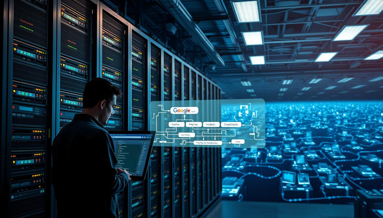 A bustling server room with towering server racks, glowing indicator lights, and the gentle hum of active cooling systems. In the foreground, a lone engineer scrutinizes a computer screen, studying the intricacies of Google's indexing algorithms. The middle ground features a stylized visualization of the indexing process, with data streams flowing between crawlers, indexers, and the vast Google database. The background showcases a panoramic view of the internet, represented by a intricate network of interconnected nodes and cables. Soft, directional lighting casts dramatic shadows, evoking a sense of the scale and complexity of Google's indexing infrastructure. The overall mood is one of technological sophistication and the relentless pursuit of information.