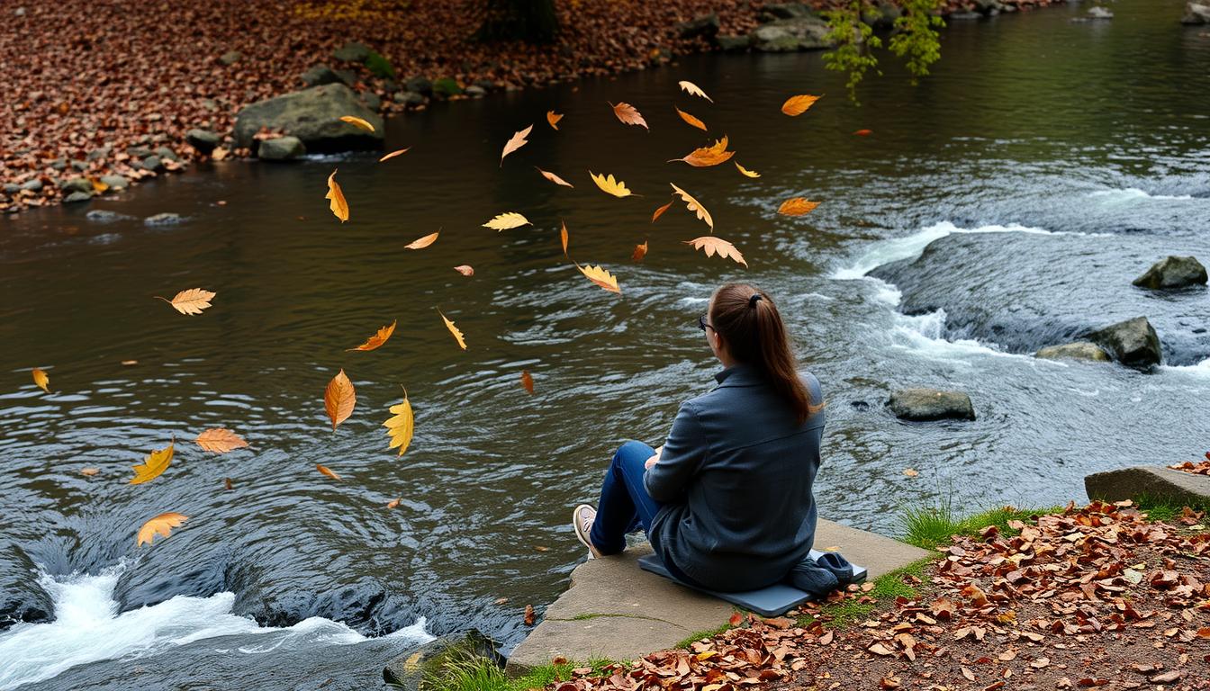 Person visualizing thoughts as leaves on a stream, demonstrating thought defusion as an overthinking and anxiety technique