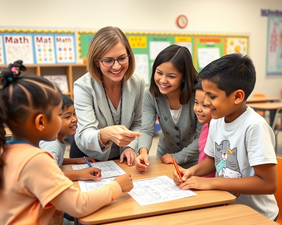 Teacher and students working on cat-themed math activities in classroom