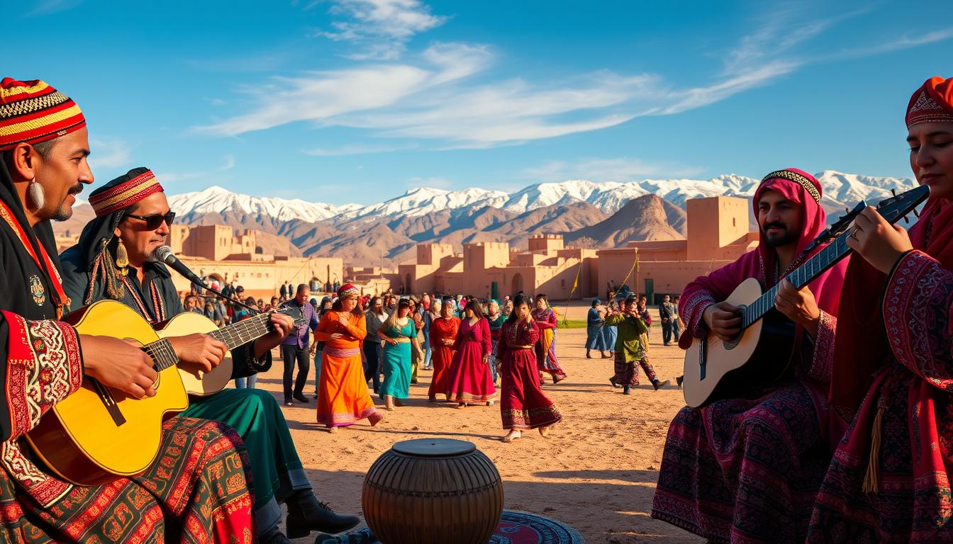 A vibrant and immersive scene depicting the rich cultural heritage of Amazigh music and Moroccan folklore. In the foreground, a group of traditional musicians perform on various instruments, including the guembri, bendir, and qarqaba, their energetic movements and expressive faces conveying the soulful rhythms. In the middle ground, a lively gathering of Moroccan people engage in traditional dance, adorned in colorful, intricate costumes that capture the essence of the region's cultural identity. The background features a picturesque Moroccan landscape, with snow-capped mountains, adobe buildings, and a clear, azure sky, setting the scene for this captivating celebration of Amazigh and Moroccan cultural traditions. The lighting is warm and natural, casting a soft, golden glow over the entire composition, evoking a sense of timelessness and cultural preservation.