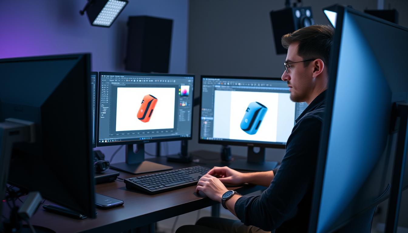 Professional designer using image manipulation tools on a large display