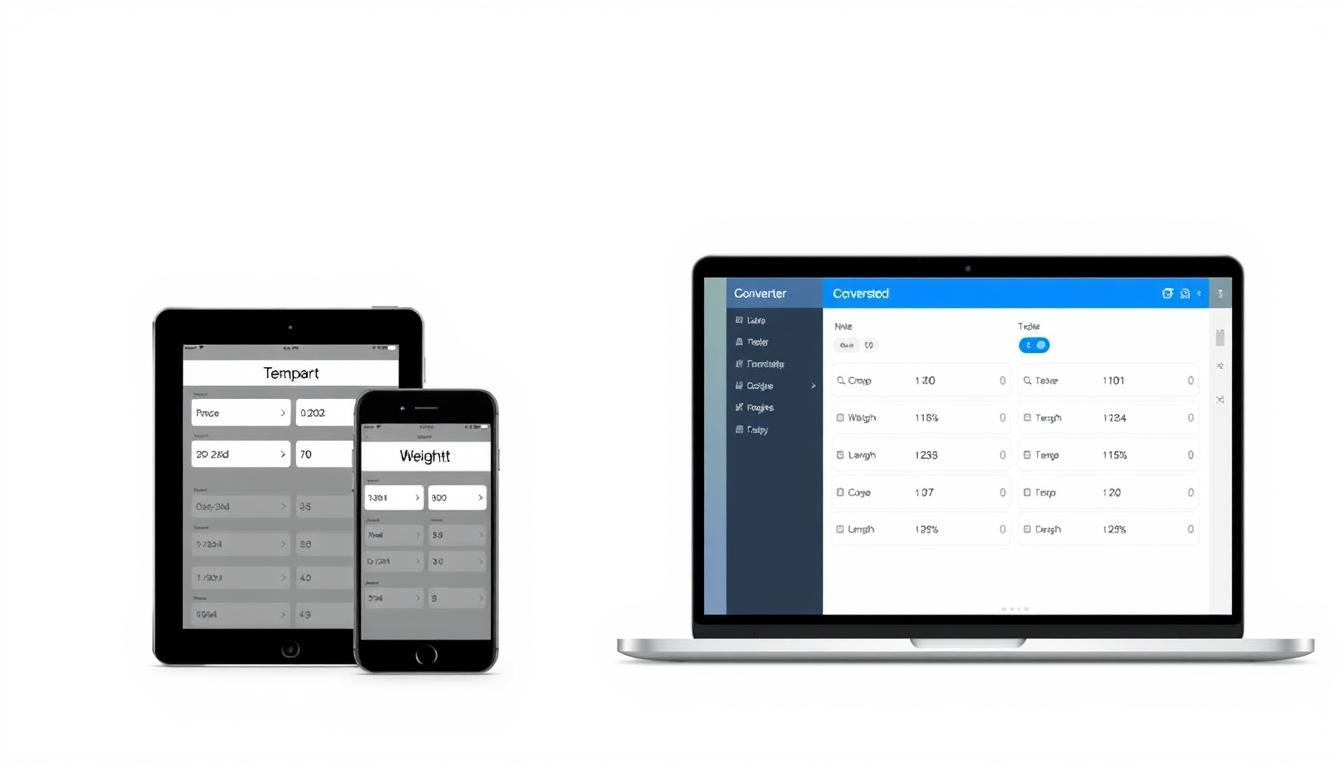 Various unit converter tools displayed on different devices showing temperature, weight and length conversions