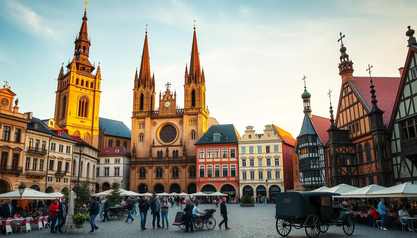 Kraków's Main Market Square with St. Mary's Basilica and historic architecture