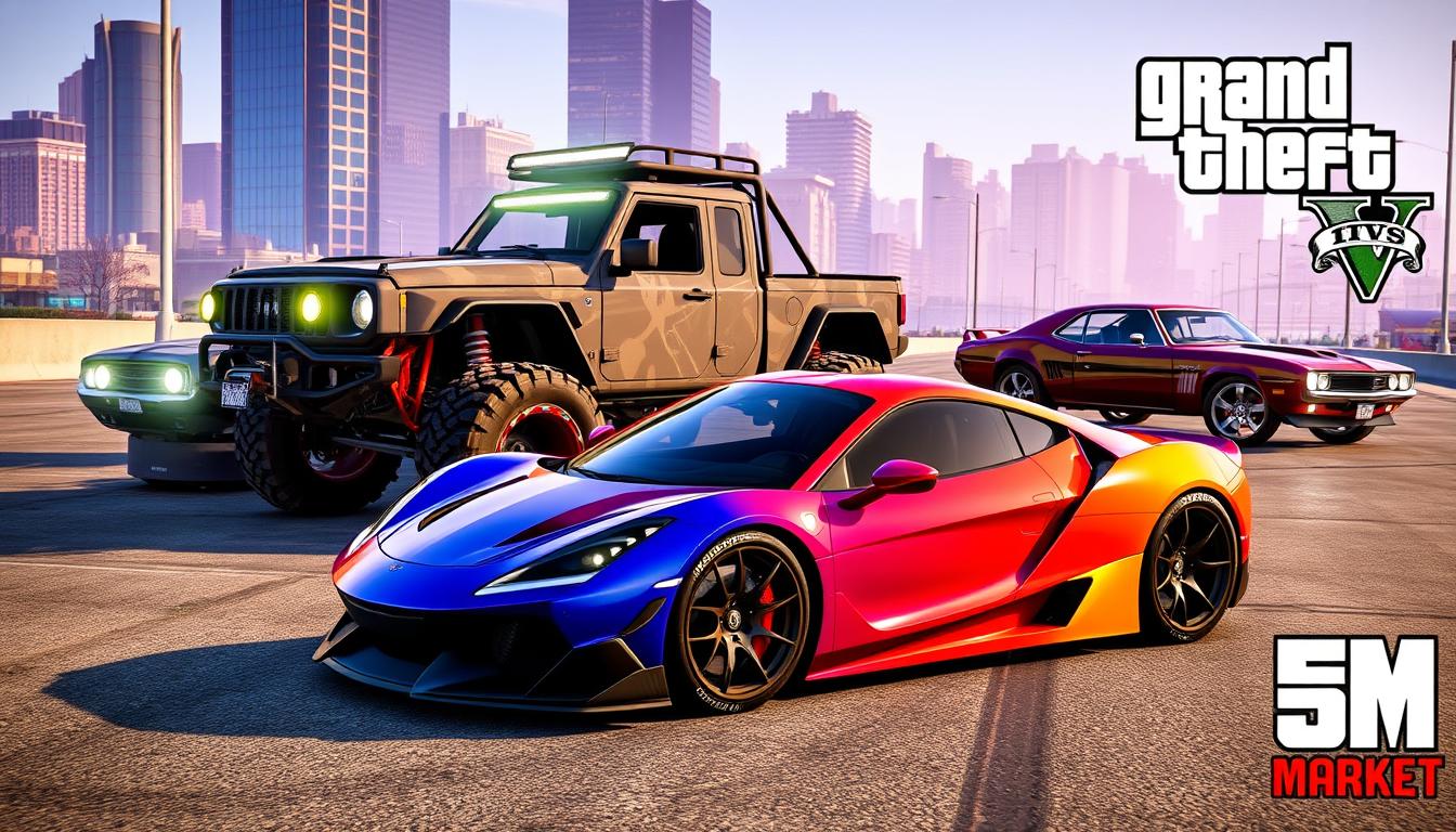 A highly detailed, photorealistic image of various custom vehicle mods for the 5M Market, a popular GTA 5 modding platform. In the foreground, a sleek sports car with a bold color-changing exterior, high-performance wheels, and a custom aero kit. In the middle ground, a rugged off-road truck with massive knobby tires, LED light bars, and a custom roof rack. In the background, a classic muscle car with a wide body kit, custom paint job, and high-performance exhaust. The scene is set in a well-lit, urban environment with skyscrapers and city streets visible in the distance, conveying a sense of excitement and customization possibilities for the GTA 5 driving experience.