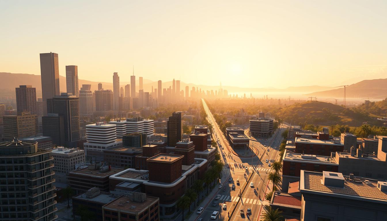 A photorealistic rendering of a FiveM map mod, showcasing a vibrant and diverse cityscape that reimagines the iconic Los Santos from Grand Theft Auto V. The foreground features intricate details of the bustling streets, with detailed buildings, vehicles, and pedestrians interacting in a realistic urban environment. The middle ground showcases a sprawling skyline, including towering skyscrapers, iconic landmarks, and a dynamic 5M Market in the distance. The background is a picturesque landscape, with rolling hills, lush vegetation, and a warm, golden-hour lighting that casts a soft, cinematic glow over the entire scene. The overall atmosphere conveys a sense of immersion and exploration, inviting the viewer to delve into the captivating world of FiveM map mods.
