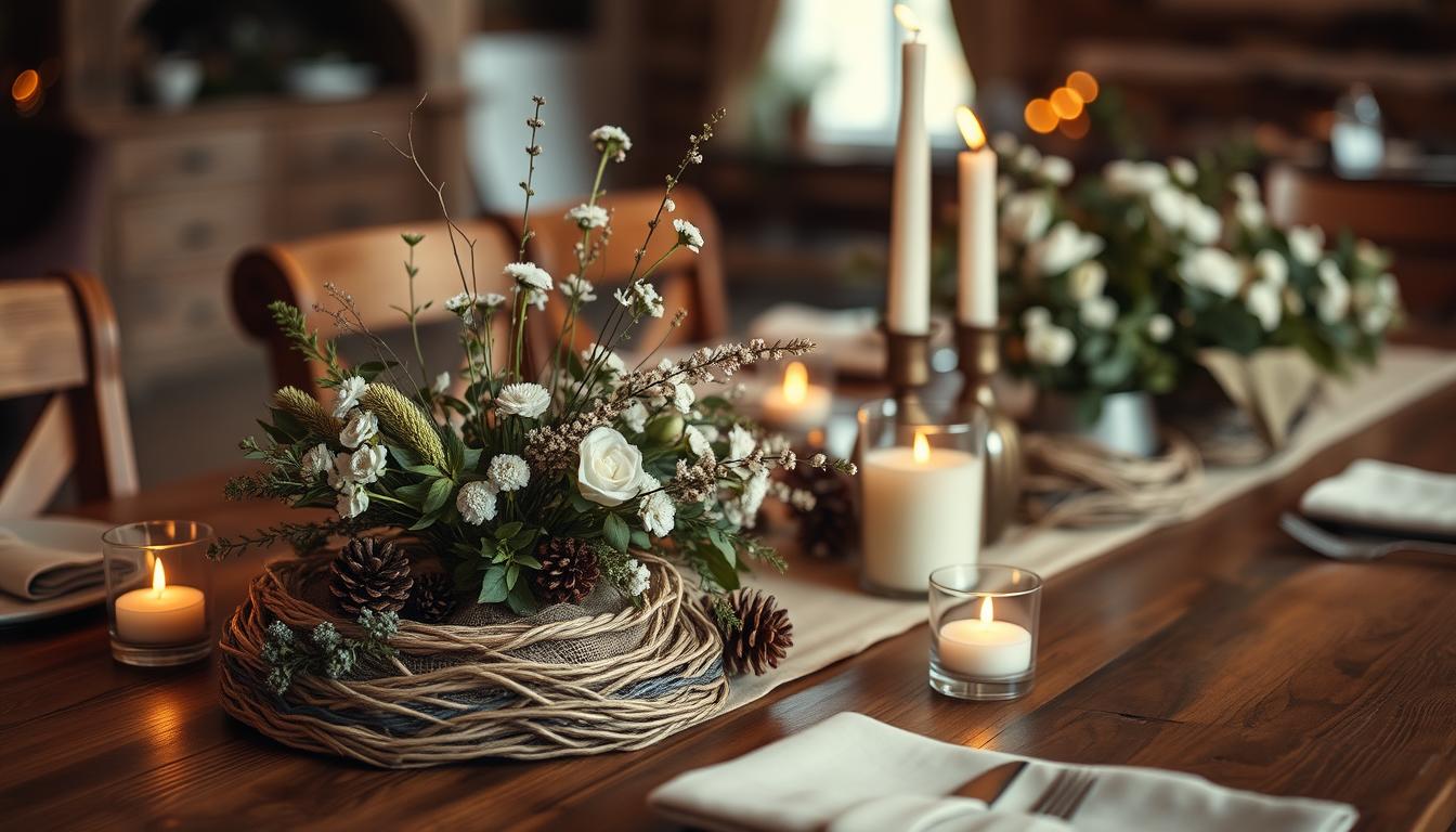 Cozy centerpieces arrange on a rustic wooden table, captured in warm, soft lighting. Delicate floral arrangements with hints of greenery, nestled among natural elements like pinecones, candles, and woven textures. The scene exudes a welcoming, intimate ambiance, perfect for a residential celebration. The camera angle is slightly elevated, showcasing the tablescape's inviting composition. Muted, earthy tones complement the overall cozy and homely atmosphere, evoking a sense of comfort and relaxation.