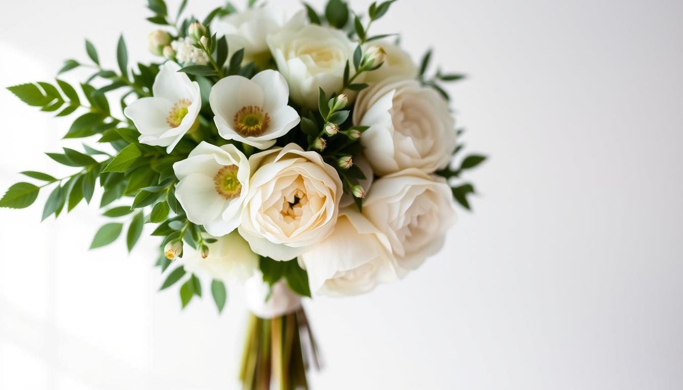 A minimalist bouquet of delicate monochromatic blooms, captured in soft, natural lighting. The foreground features a carefully curated arrangement of ivory and cream flowers - anemones, ranunculus, and peonies - artfully composed with lush, verdant foliage. The middle ground showcases the flowers' graceful silhouettes, while the background blurs into a tranquil, neutral palette, emphasizing the simplicity and elegance of the design. The image conveys a sense of refined, understated beauty, perfectly suited for modern, chic wedding themes.