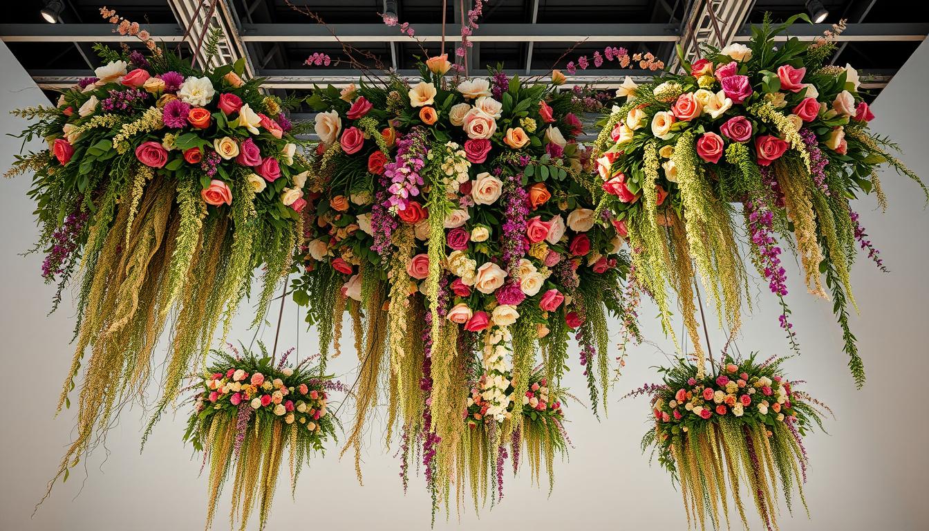 Stunning, organic floral arrangements towering overhead, cascading from elaborate frameworks and structures. Intricate, sculptural designs featuring a vibrant blend of lush blooms, foliage, and natural materials. Dramatic, asymmetrical compositions set against a clean, minimalist backdrop, bathed in soft, even lighting that accentuates the delicate textures and colors. A serene, gallery-like atmosphere exuding elegance and refined, artistic sensibility, perfect for a modern wedding celebration.