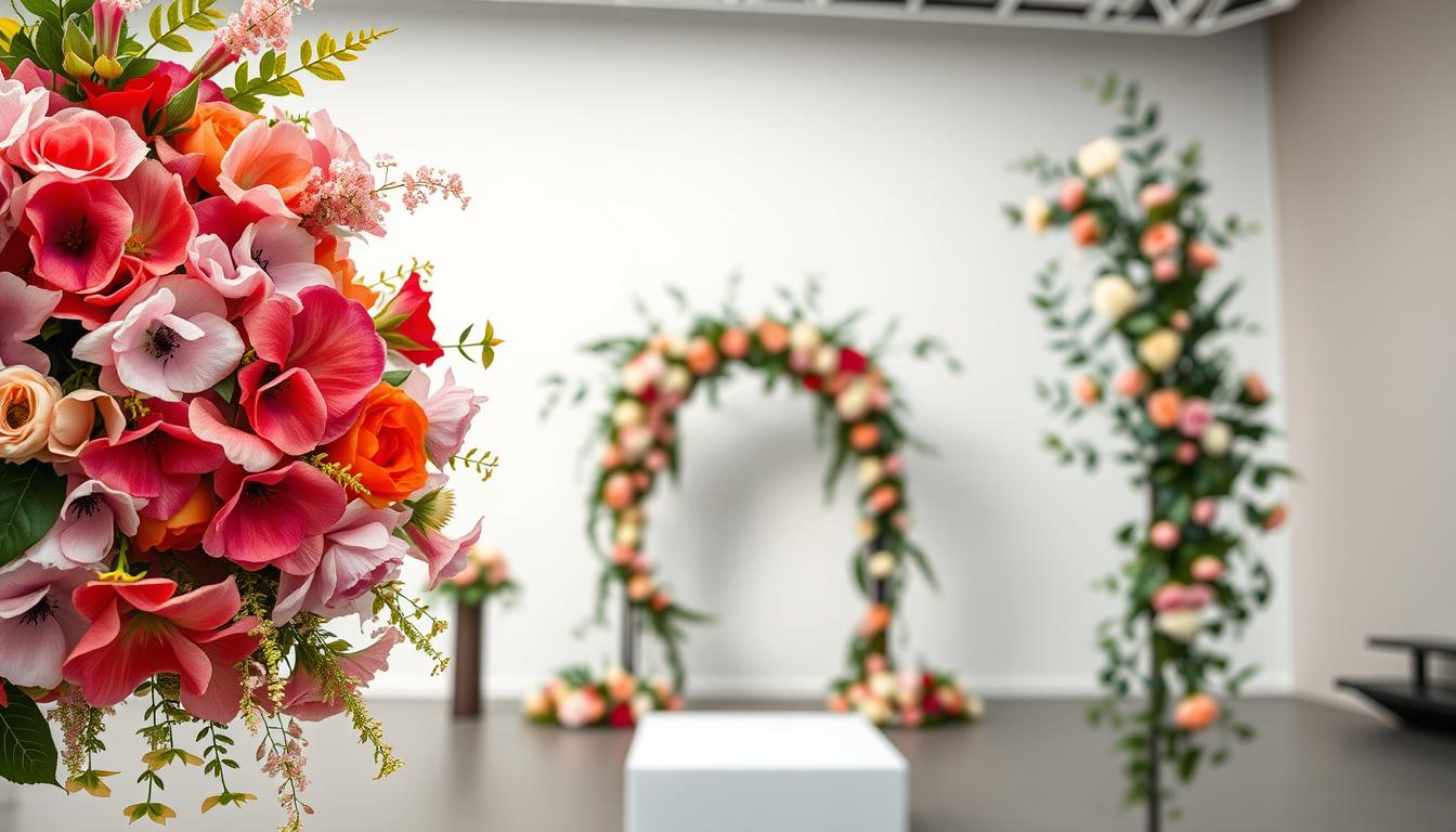 A stunning floral arrangement captures the essence of contemporary wedding trends for 2025. In the foreground, a lush bouquet featuring a captivating blend of vibrant blooms - cascading amaranthus, elegant peonies, and delicate garden roses, all bathed in a soft, diffused light. The middle ground showcases artfully arranged wedding arch adorned with trailing vines, leaves, and delicate flowers, creating a romantic, ethereal atmosphere. In the background, a serene, minimalist setting with clean lines and muted tones serves as a beautiful backdrop, allowing the vibrant floral elements to take center stage. The entire scene exudes a sense of timeless elegance and modern sophistication, perfectly encapsulating the latest wedding-flower-trends-for-2025.