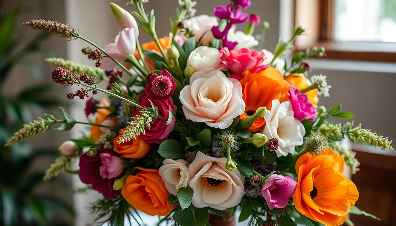 Asymmetrical floral arrangement featuring a striking mix of vibrant blooms, cascading greenery, and unique textures. A dramatic focal point with bold, irregular shapes and dynamic composition. Soft, natural lighting illuminates the delicate petals and lush foliage, creating depth and dimension. Captured with a close-up, medium-wide angle lens to emphasize the artistic, sculptural quality of the flowers. The overall mood is elegant, refined, and subtly unconventional, befitting a modern, stylish wedding.