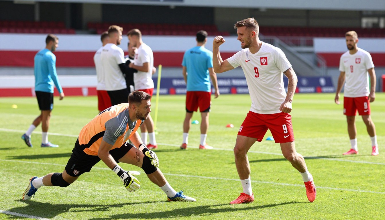 A dynamic scene showcasing Polish football players Marcin Bułka and Matty Cash in a training environment, emphasizing camaraderie and teamwork. In the foreground, Marcin Bułka, a goalkeeper, is wearing a professional training kit, focused and making a save, while Matty Cash, in a well-fitted national team jersey, is positioned nearby celebrating with a fist pump, highlighting their strong bond. The middle ground features a football pitch adorned with Polish team flags and a diverse group of teammates engaging in drills, conveying spirit and unity. The background captures a vivid stadium under bright afternoon sunlight, casting soft shadows. The mood is vibrant and energetic, portraying professionalism and friendship within the national team. The image should be well-composed, with a slight depth of field effect for an intimate feel.