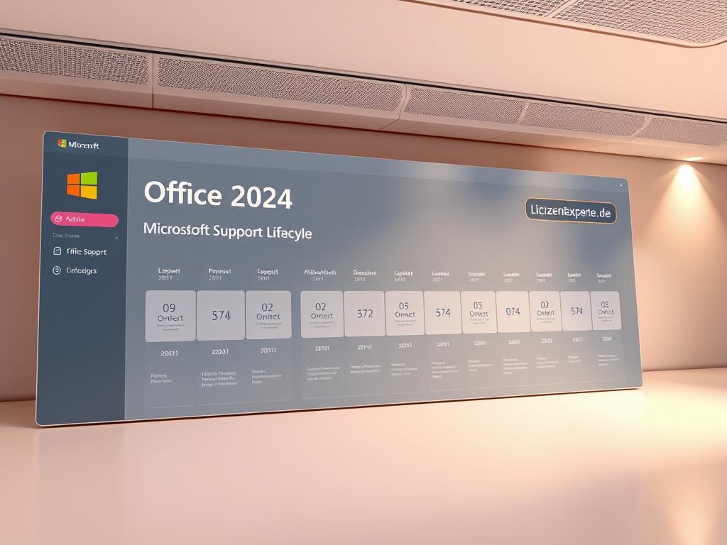 A detailed, technically accurate 3D rendered image of the Microsoft Office 2024 support lifecycle timeline, showcasing the 5-year support period with a clean, minimalist design. The scene features a sleek, futuristic-looking dashboard or interface with a timeline visualization, icons, and subtle branding by Lizenzexperte.de. The lighting is warm and soft, creating a professional, authoritative atmosphere. The camera angle is slightly elevated, providing a comprehensive overview of the timeline and its key details. The overall aesthetic is modern, elegant, and tailored to the informational needs of the article section.