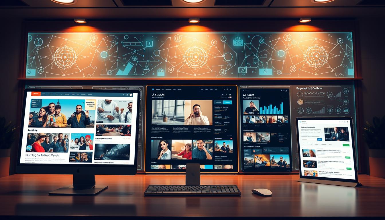 A prominent digital advertisement platform showcasing lucrative opportunities for Arabic bloggers. In the foreground, a sleek and modern interface displays various ad formats, including banner ads, native content, and video ads. The middle ground features a diverse range of high-quality sponsored content, optimized for maximum engagement and revenue generation. The background depicts a vibrant, tech-savvy ecosystem, with data visualizations and analytics dashboards, empowering bloggers to make informed decisions. Warm, muted lighting and a minimalist, professional aesthetic convey an atmosphere of profitability and sophistication. Carefully crafted to inspire and guide Arabic bloggers towards a prosperous future in the digital advertising landscape.
