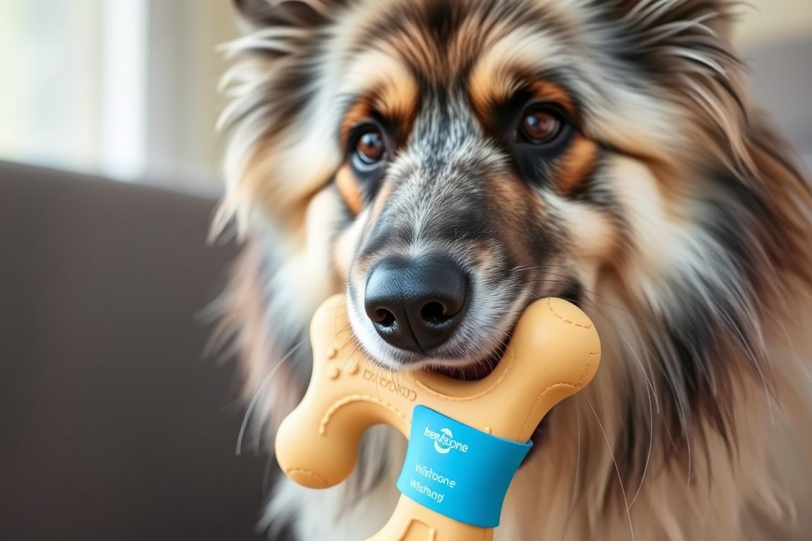 Keeshond with Benebone Wishbone toy