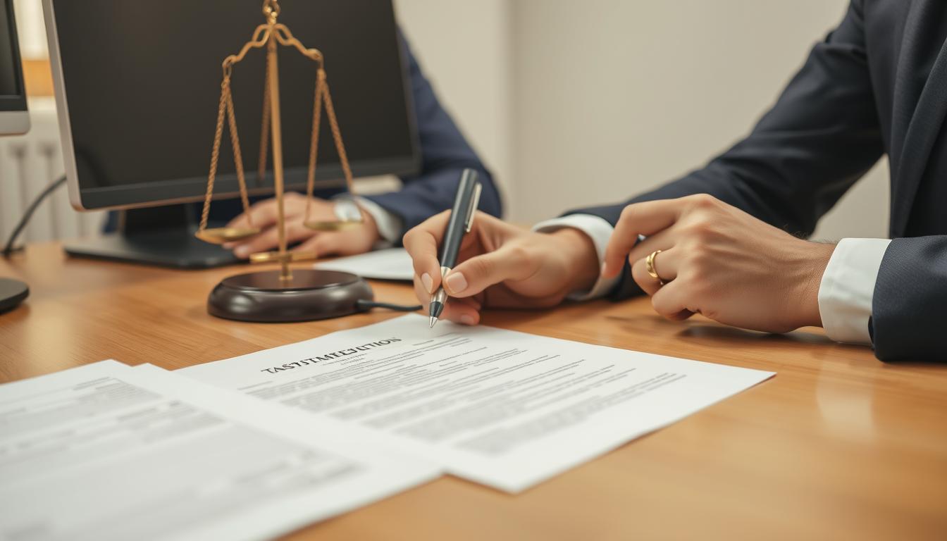 Pessoa preenchendo um formulário de testamento com ajuda de um advogado no Brasil