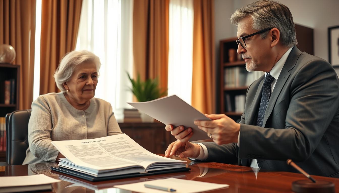 Tipos de testamentos no Brasil - Advogado explicando documentos de testamento para um casal idoso no Brasil