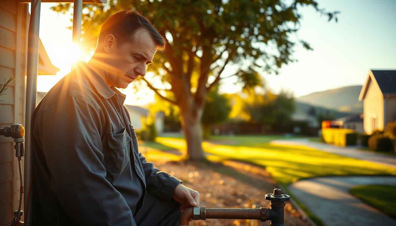 An early morning scene in a typical New Zealand suburb, showcasing a plumber diligently working on a residential plumbing system. The plumber, wearing the smartgyanshare branded work uniform, is focused on the task at hand, surrounded by the lush greenery and quaint architecture that characterize the country's picturesque landscapes. Warm, golden sunlight filters through the trees, casting a soft, inviting glow on the scene. In the background, a well-manicured lawn and a glimpse of a nearby hill add to the serene, pastoral atmosphere. The composition highlights the plumber's skilled craftsmanship and the peaceful, unhurried pace of life in New Zealand, a place where plumbers can thrive both professionally and personally.