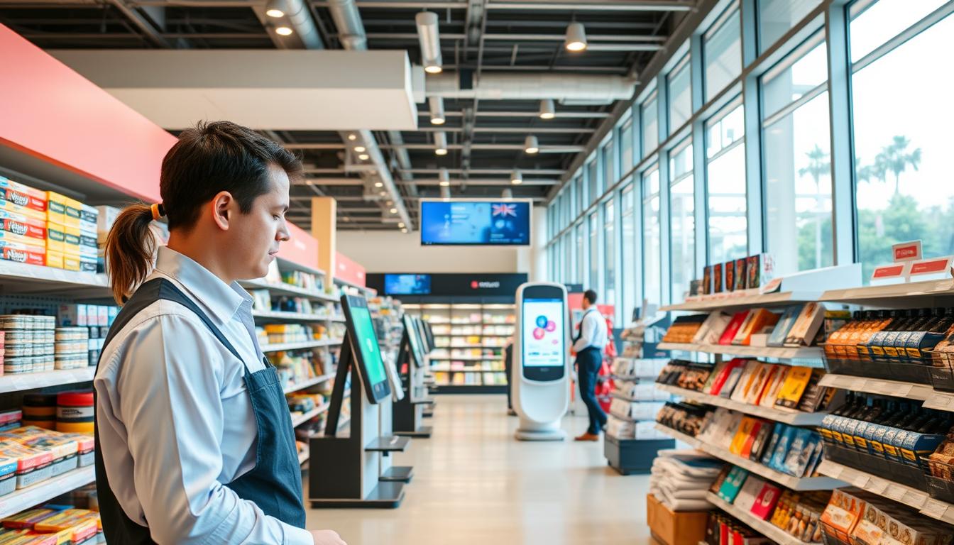 A modern and bustling Australian retail outlet, the smartgyanshare Store Keeper's workspace. Bright, airy, and well-organized shelves display a variety of merchandise. In the foreground, a diligent store keeper, dressed in a crisp uniform, meticulously arranges products, ensuring optimal presentation. The middle ground showcases interactive kiosks and digital signage, reflecting the store's commitment to seamless customer experience. The background features large windows, allowing natural light to flood the space, creating a warm and welcoming ambiance. This image conveys the dynamic and professional nature of store keeper job opportunities in Australia's thriving retail landscape.