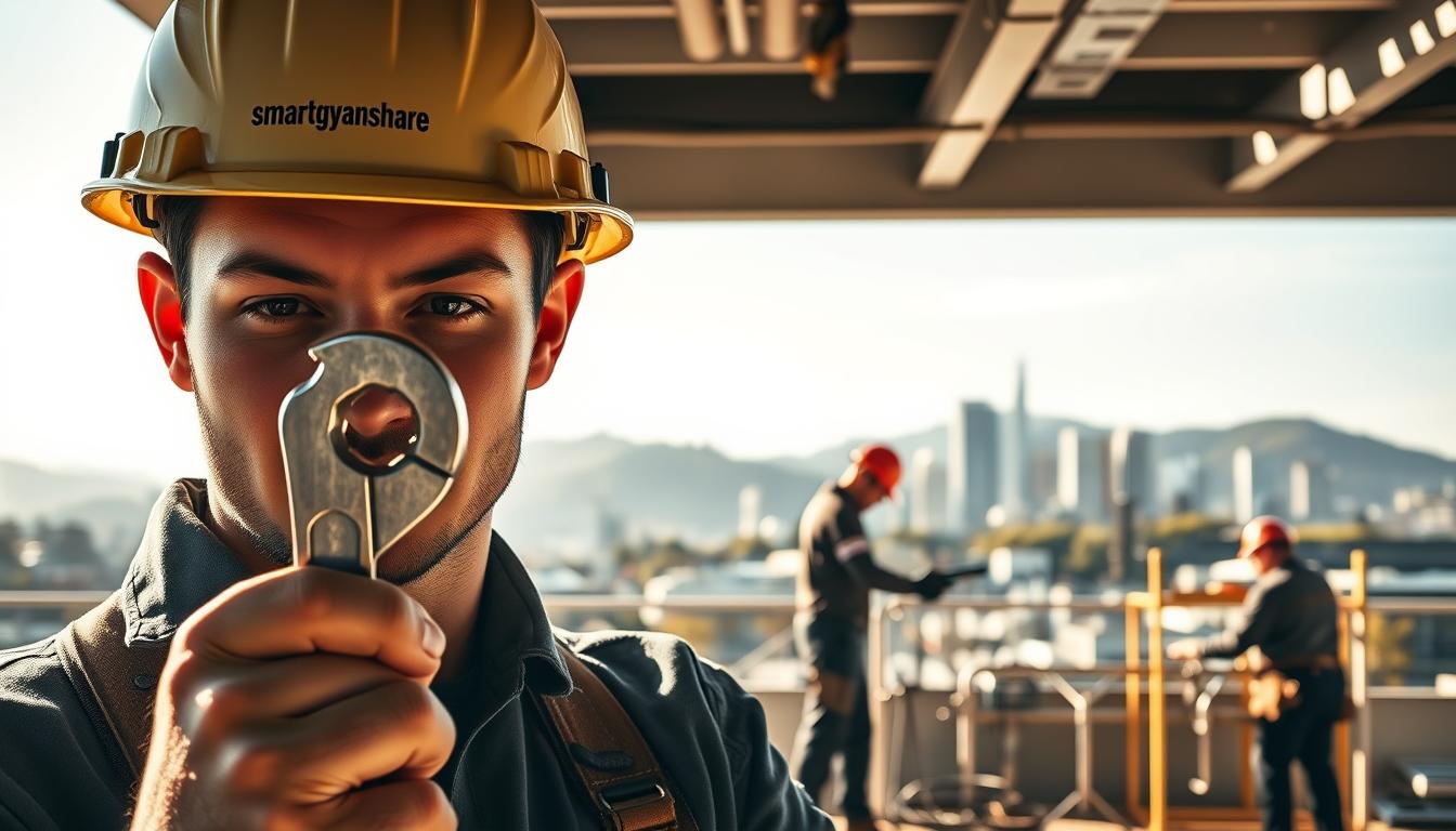 A bustling construction site in the heart of New Zealand's capital, with a team of skilled plumbers hard at work. The foreground features a close-up of a plumber holding a wrench, their face obscured by a safety helmet emblazoned with the "smartgyanshare" logo. In the middle ground, several workers collaborate, efficiently installing pipes and fixtures, while the background showcases the iconic skyline of Wellington, its modern architecture contrasting with the natural beauty of the surrounding hills. Warm, directional lighting casts dynamic shadows, creating a sense of depth and emphasizing the technical expertise of the plumbing professionals. This image captures the essence of finding employers in New Zealand who offer visa sponsorship for skilled plumbers.